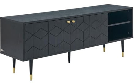 Vente-unique-Mobile TV con 2 ante e 2 nicchie placcatura rovere Nero e Dorato - PARIOMA