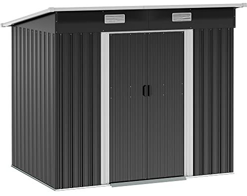 Outsunny Gerätehaus Metall 2,3 m² 207 x 130 x 182 cm Geräteschuppen mit Pultdach Fenster Fundament Schiebetüren wetterfest Gartenhaus Outdoor Garten Schuppen für Hinterhof Schwarz