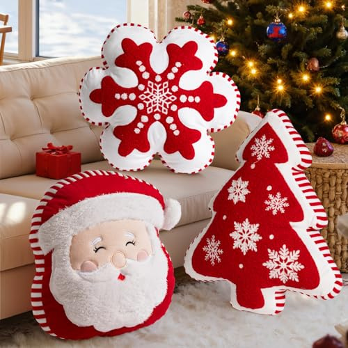 Lanpn 3 Stück Weihnachts Kissen, Weihnachtskissen Flauschiges Zierkissen Weihnachtsbaum Weihnachtsmann Schneeflocke Dekokissen für Geschenk Party Sofa Bett Weihnachten Deko (Rot)