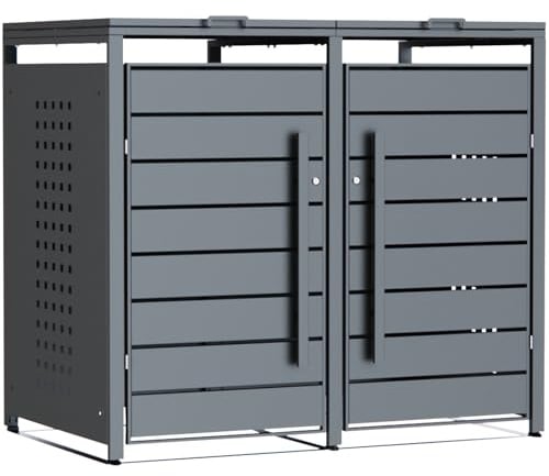 CHOSHOME Mülltonnenbox 2er 240L, Anthrazit, Verzinkter Stahl | Mülltonnenverkleidung aus verzinktem Stahl für 2 Mülltonnen, wetterfest, Automatikdeckel mit Softclose & Schloss, Gerätebox
