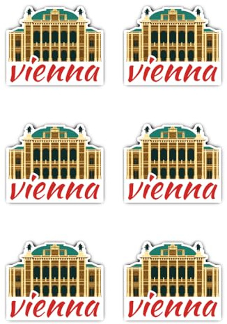 Aufkleber: 50 mm, 6 Stück - Aufkleber-Set Reise, Wien Opernhaus Motiv, 6 Stück, Vinyl, 50 mm (5 cm), wasserfest für Koffer Laptop Flasche – mit Schriftzug 'vienna'