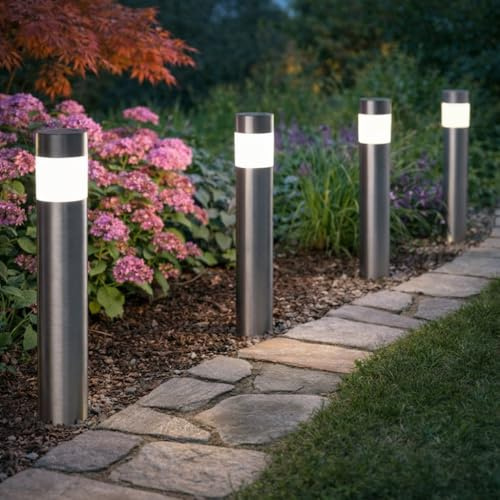 Garden Mile Set of 4 Modern Stainless Steel Solar Bollard Lights, 35cm