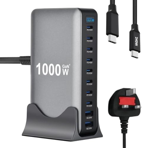 1000W Fast Charging Station, 10 Port USB Charger Block with 2M Data Cable | 8 USB‑C+2 USB‑A, 140W/100W USB C Charger Hub, GaN4 Multi Charger Compact for Tablets, Phones, Laptops