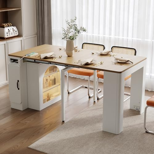 Merax Ausziehbarer Esstisch mit Rollen & Steckdosen, Küchen- und Bartisch mit Stauraum, Abnehmbarer Glasplatte, Multifunktionstisch für Küche & Esszimmer