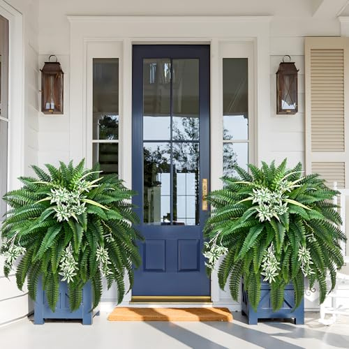 Livole 2 Pcs 60 2-in-1 Fake Ferns with Spider Plant, Artificial Ferns for Outdoors Large Faux Boston Fern with 118 Branches Realistic UV Resistant for Planter Indoor Home Garden Porch Hanging Decor
