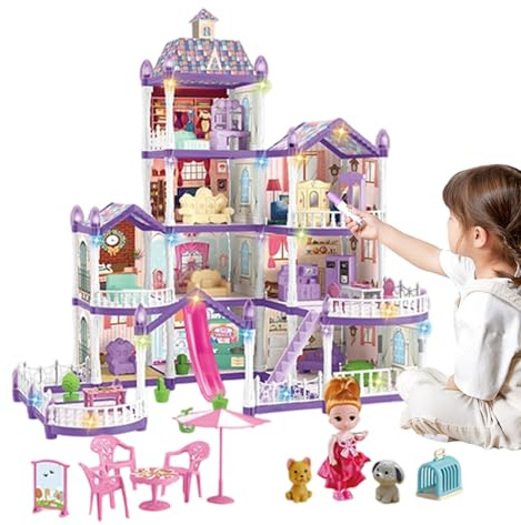 Kinder Puppenhaus | 4 Tier 13 Zimmer Bausatz Miniatur Spielzeug - Villa Spielset Puppenhaus Mit 3 Prinzessinnen & 2 Welpen Und Möbel Zubehör - Für Kinder von 4-6 Jahren Rollenspiel Vorstellungsspiel