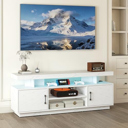 Manora White TV Unit LED Charging Station tv cabinet For TVs Up To 60 Inch | White Marble TV Unit for living room tv stand equipped with 2 closed cabinets, ideal bedroom and entertainment space