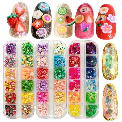 VelvetGlow 2 Boxes of Crystal Mash Clay Strip Flowers Fruit Slices,1 Box Holographic Nail Art Glitter Iridescent Flakes Gradient Bright Ice Slag Nail Sequins Paillettes Summer Nail Art Decoration