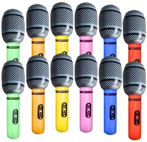 12 Pieces Blow Up Microphone, PVC Inflatable Microphones Assorted Colors (6 Hues, 2 Each) – Inflatable Party Props Toy Microphone, Microphone Prop for Musical Themed Parties & Celebrations (25cm Lengt