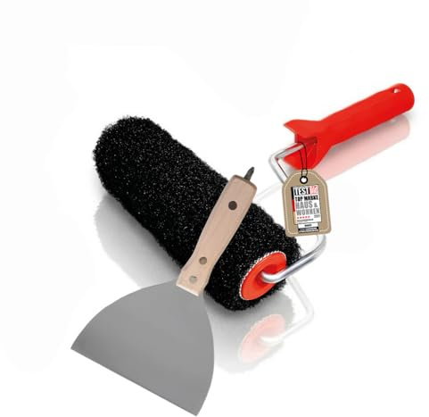 mako Spachtelauftrags-Set 3-teilig – Walze 22 cm & Spachtel 150 mm | Edelstahlblatt, Stahlbügel, Holzgriff - für gleichmäßigen Auftrag und sauberes Glätten von Spachtelmasse auf Gipskarton