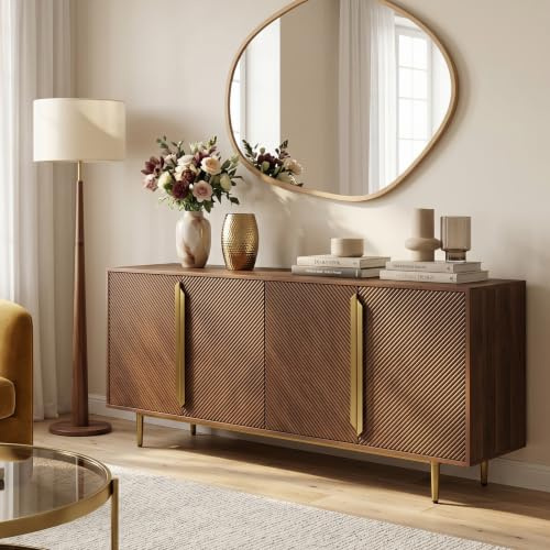 IDIMEX Sideboard TAGULA aus Massivholz, Braun - Flurkommode mit Vier Türen, individueller Maserung aus Mangoholz, goldfarbenen Metallelementen, Anrichte im modernen Retro Design