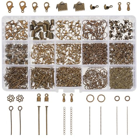 PandaHall Elite About 870 Pcs Jewelry Finding Kits with Lobster Claw Clasps, Jump Ring, Ribbon Clamp End, Earring Hook, Flower Bead Cap, Cord End, Eye Pin, Head Pin, Extender Chain, Tip Knot, Drop End