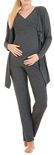 Herzmutter Stillpyjama-Set - 3-teilig - Umstands-Pyjama für Damen - Schwangerschafts-Wochenbett-Set - Hose-Top-Cardigan - 8100 (Dunkelgrau, L)