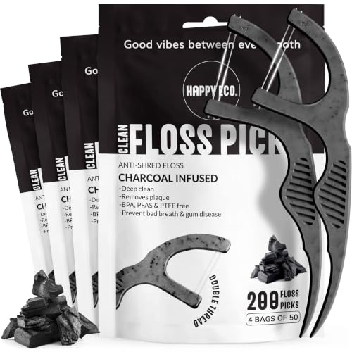 Natural Dental Floss Picks (200) - Vegano, Sostenibile, Bastoncini di filo interdentale riutilizzabili per adulti e bambini con stuzzicadenti - Rimozione della placca per la pulizia dei denti