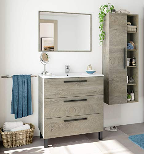 Miroytengo Pack Baño Completo Roble Alaska Mueble Baño, Columna de baño, Espejo y Lavabo Cerámico Incluido