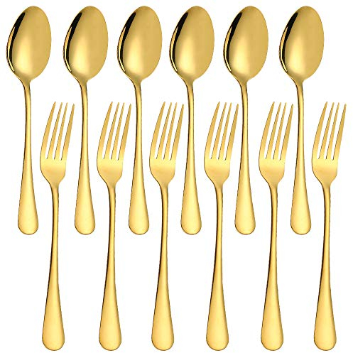 SourceTon Besteckset mit 12 vergoldeten Edelstahl-Gabeln und Löffeln, robuste Gabeln (20,3 cm) und Löffel (17,8 cm) Besteck-Set, goldfarben