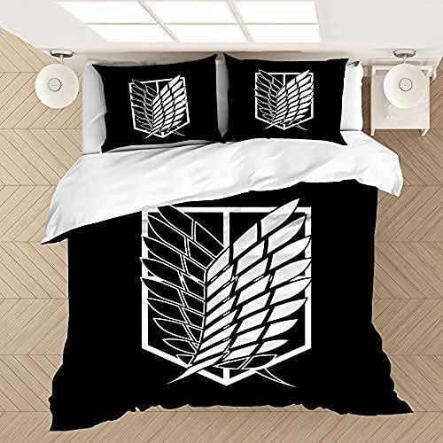 PTNQAZ Anime Attack on Titan Bettwäsche-Set für Jungen, 3D-gedruckte Bettbezüge mit Kissenbezügen, Kinder-Bettwäsche (Einzelbett)