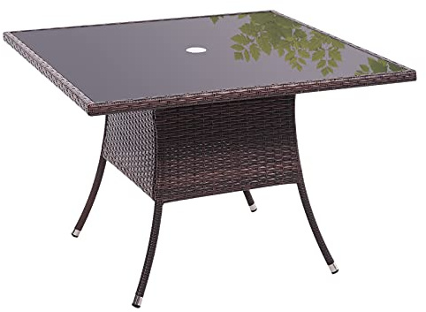 The Fellie Patio Table Garden Rattan Table Tempered Glass Tabletop 105cm Square Coffee Tables Outdoor Bistro Tables with Umbrella Hole,Brown