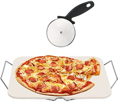 Pizza Stones for Oven & BBQ – 38 x 30 CM Ceramic Baking Stone Set with Pizza Cutter & Metal Rack, 300°C Heat Resistant Pizza Making Accessories for Home Baking and Grilling