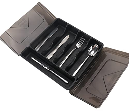 RSTYS Plateau d'argenterie avec couvercle, étui de rangement en plastique, porte-ustensiles avec couvercle, récipient durable à 5 compartiments pour comptoir de cuisine, organiseurs de couverts en