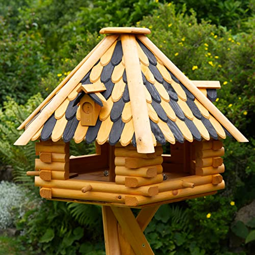 Deko-Shop-Hannusch XXL Luxus Vogelhaus wahlweise mit Solarbeleuchtung, Vogelfutterhaus aus Holz, V13 wahlweise mit Ständer, mit Futtersilo, Silo (XXL, schwarz/braun Holzschindeln)