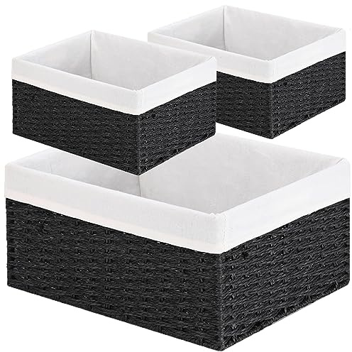 Vagusicc Storage Basket, 3-Pack Woven Paper Rope Wicker Baskets for Storage with Handles, 15 Inches Large Cube Storage Bins Woven Storage Baskets with Liners for Shelves Organizing & Decor, Black