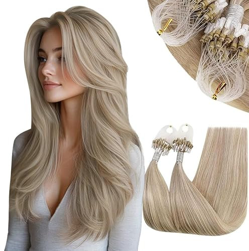 RUNATURE Micro Loop Hair Extensions Blonde Highlight Ash Blonde Micro Ring Hair Extensions Human Hair Blonde Micro Beads Hair Extensions Real Hair 16 Inch 50g/50s