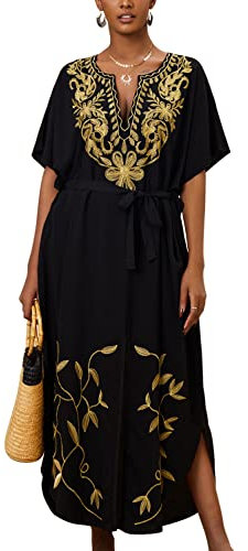 YOUKD Brodé Floral Lâche Caftan Boho Beach Bikini Cover Up Robe Plus Taille Robe pour Femmes