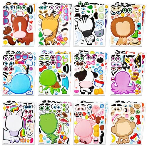 JOYIN 24 Stück 15,2 x 22,9 cm Make-a-Gesichts-Aufkleberbögen zum Selbermachen von Tieren, Mix and Match Stickerbögen mit Safaris, Meer und Fantasy-Tieren, Kinder-Partyzubehör, Basteln