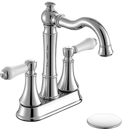Roffenny Polished Chrome Bathroom Taps for Basin 3 Holes Traditional Porcelain 2 Handle 4 Inch Center Set 360 Degree Swivel Spout with Pop Up Drain