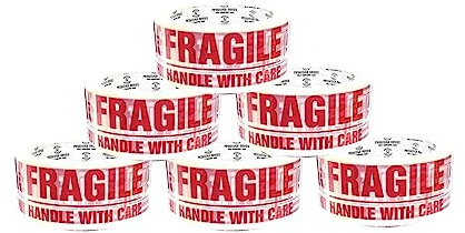 BARGAIN FACTORY Fragile Tape - 6 rollos de cinta adhesiva de 48 mm x 66 m, rollo de cinta adhesiva resistente para embalaje y envío, ideal como rollo de cinta frágil, cinta de embalaje (paquete de 6)