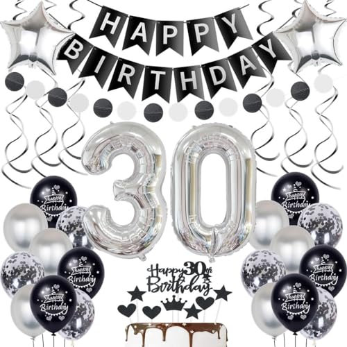 Silber Luftballon 30. Geburtstag Deko, 30. Geburtstag Dekoration Schwarz Silber, Frau Mann 30 Jahre Geburtstagsdeko, 30 Jahre Männer Frau Ballon, Schwarz Silber 30. Geburtstag Party ballons