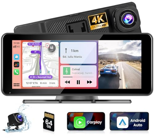 Hikity Tragbares Autoradio mit 4K Dashcam Wireless Carplay Android Auto 6,86 Zoll Touchscreen Auto Radio mit Bildschirm Navi GPS Bluetooth FM Transimitter Mirror Link Rückfahrkamera+64G TF 7-32V