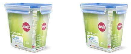 Emsa Clip & Close Conservador Hermético de Plástico Rectangular de 1,5 L, Transparente y Azul (Paquete de 2)