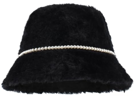 MEGAUK Damen Plüsch Fischerhut Wintermütze Flauschige Bucket Hat Breite Krempe Fellmütze Warme Anglerhut mit Perle Design (Schwarz)