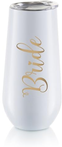NUPTIO Stemless Champagne Flute Bride: Tumbler Bridal Shower Wedding Gift Party Prosecco Flutes Stainless with Lids White Gold Embossed