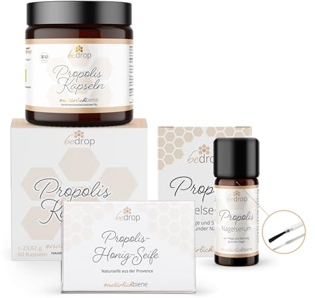 bedrop Propolis Nagelserum 10ml + Kapseln + Seife, Kosmetische Nagelpflege zur Pflege & Stärkung natürlicher Nägel mit Propolis Teebaumöl Lavendelöl & weiteren Ölen (Nail Care Set)