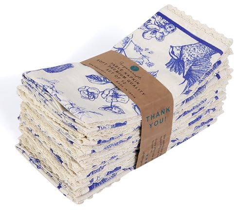 Fingercraft Dinner Cloth Napkins Cotton Blend Blue Bird Print Premium Quality Mitered Corners with Elegant Natural Lace for Every Day Use Napkins are Pre Shrunk and Good Absorbency Toile Lace
