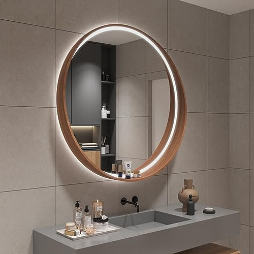 GLFNB Beleuchteter Spiegel mit Holzrahmen, runder LED-Badezimmerspiegel, beleuchteter Wandkosmetikspiegel, Schminkspiegel mit Berührungssensor, 3-farbig dimmbares LED-Licht, IP44 (Farbe: Walnussfa