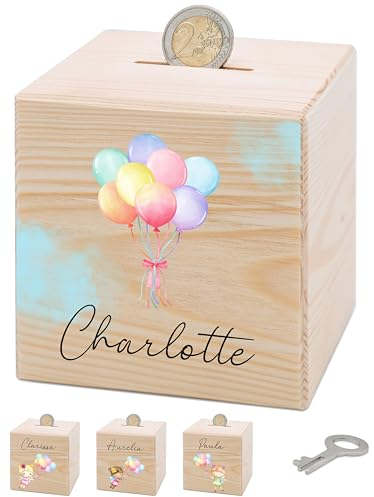 Bärenfreunde® - Personalisierte Spardose Kinder aus Holz mit Metallschloss - Spardose mit Namen mit kinderfreundlichem UV-Druck zum Sparen für Kinderträume (nur Ballons)