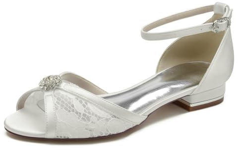 smlekwc Women's Peep Toe Lace Wedding Sandals Ankle Strap Bridal Shoes with Rhinestone Comfort Flat Ballet Dress Pumps,Ivory,6 UK
