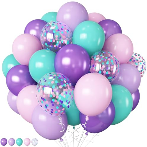 HILAVO Meerjungfrau Luftballon Lila Grün, 60 Stück 12 Zoll Türkis Lila Rosa Grün Party Ballons Blaugrün Violett Konfetti Latex Helium Ballon für Mädchen Meerjungfrau Einhorn Geburtstag Babyparty Deko