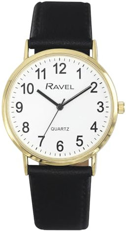 Ravel - Unisex Classic Alltagsuhr mit modernen Zahlen - Analoges Quarzwerk - R0129.25.1 - Schwarz/Goldton/Weißes Zifferblatt mit Zahlen