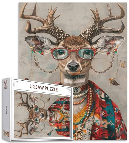 Lustiges Hirsch-Puzzle für Erwachsene,1000 Teile Tiere Brille Schmuck Halskette Fantasy Puzzle Kunst,Buntes DIY Puzzle für Heimdekoration,Geburtstagsgeschenke,Familienpuzzle,Perfekt für Spieleabende