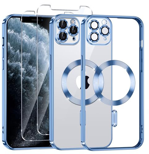 Phoona Cover Placcatura per iPhone 11 Pro Max 6,5 Pollici, Obiettivo per Fotocamera Protezione Completa e 2 × vetro temperato, Compatibile con MagSafe Ricarica Wireless, Protezione Militare, Blu