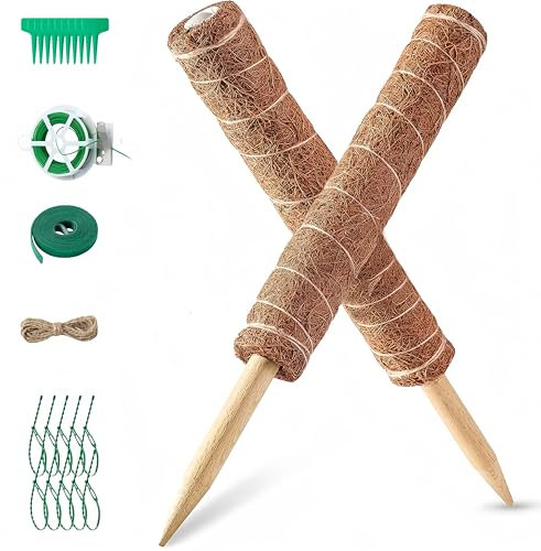 Palo di muschio, 2 pali in fibra di cocco per piante Monstera e formaggio, supporti per piante da interno, con fascette intrecciate per piante, supporto per bastoncini antimuffa, piante da interno,