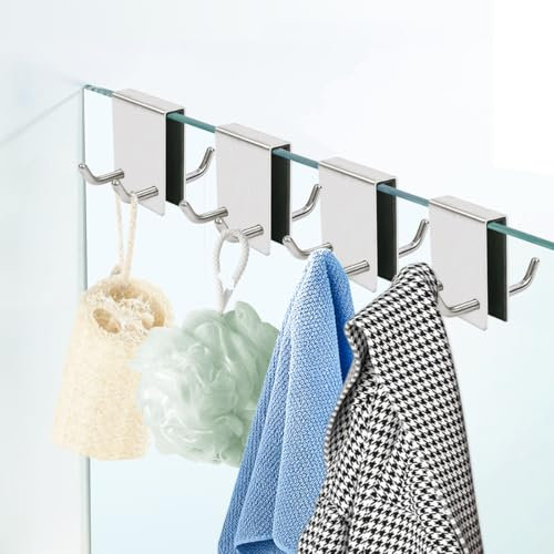 EAEDMY Shower Door Hooks, Over Glass Shower Towel Hooks for Bathroom, Suit for Frameless Glass Shower Door 0.43in (<11mm), Stainless Steel, Drilling-Free, 2 Pack (4Pack Silvery)