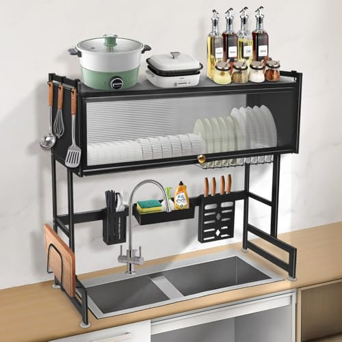 MUL-BOUTIQUE Rangement Evier, Egoutoire Vaisselle Dessus Evier, Rangement Et Organisation De Cuisine, Pièces Amovibles, Livré avec Porte-Outil Ou Crochet À Chiffon (Noir, 85 * 28 * 77cm)