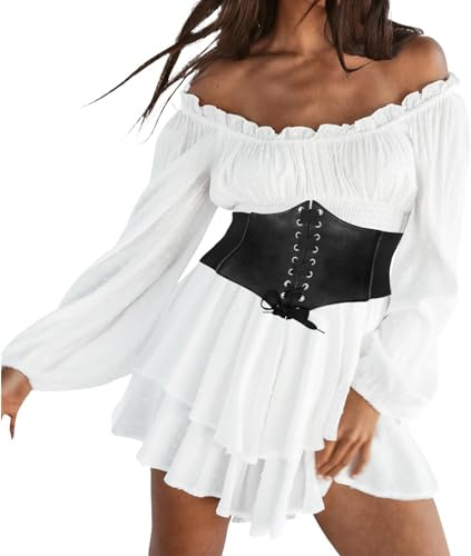 Piratenkostüm Damen Korsett mit Gürtel, Weiß Off Shoulder Kleid Renaissance Damen Kurz| A-Linie-Kleid Piratinkleid Viktorianische Jumpsuit Trägerloses Knielange Party Karneval Kostüm Piratin