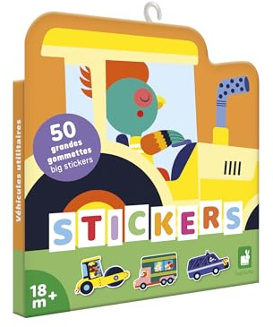 Janod - 50 Große Gummibärchen für Kinder Format 7x8cm - Sticker Aufkleber Thema Baustellenfahrzeuge - Vorgeschnitten, um das Greifen zu erleichtern - Entwicklung der Kreativität - 18 Monate +, J09191